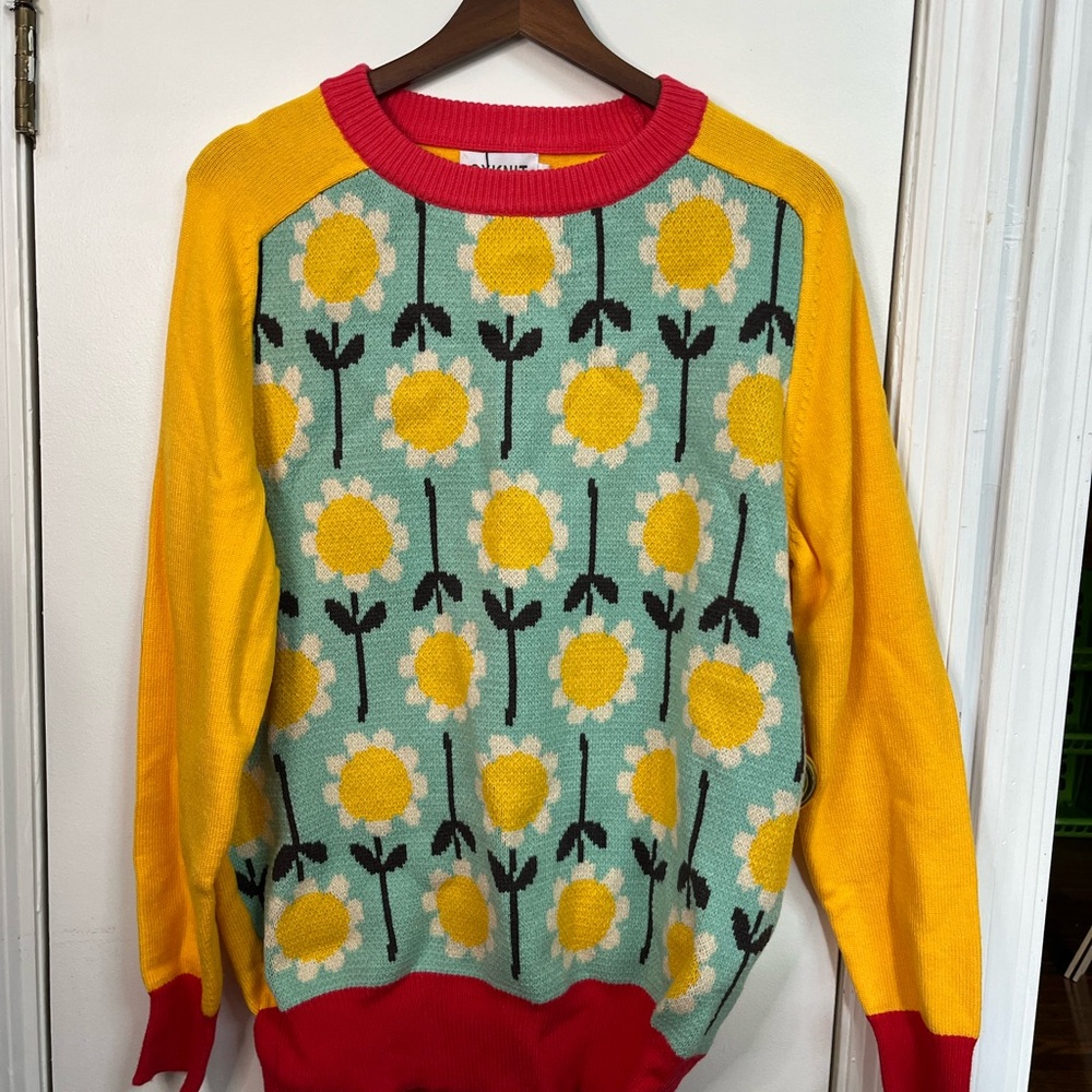 Yellow Floral Crewneck Sweater with Red Trim
